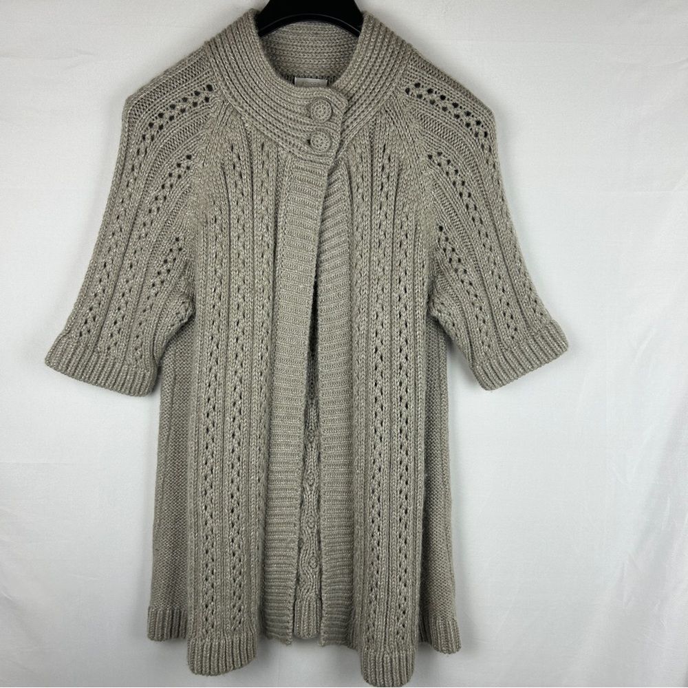 Chico’s beige wool alpaca model blend open knit short sleeve cardigan 2/L